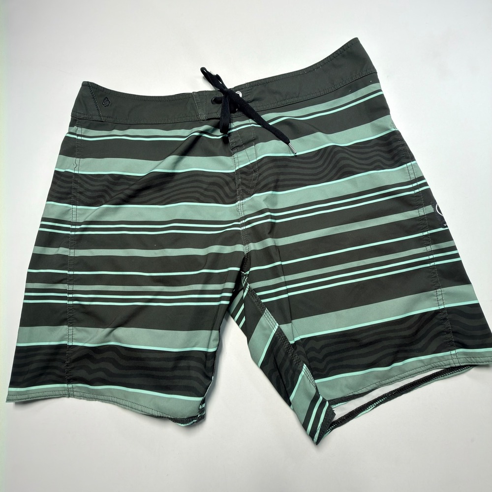 Volcom Stripe Board Shorts Mens 34 Green Black‎ Swim Trunks Surf